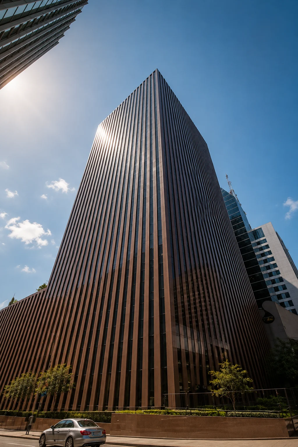 Torre corporativa do Banco Safra, fachada em lâminas verticais, vista da via