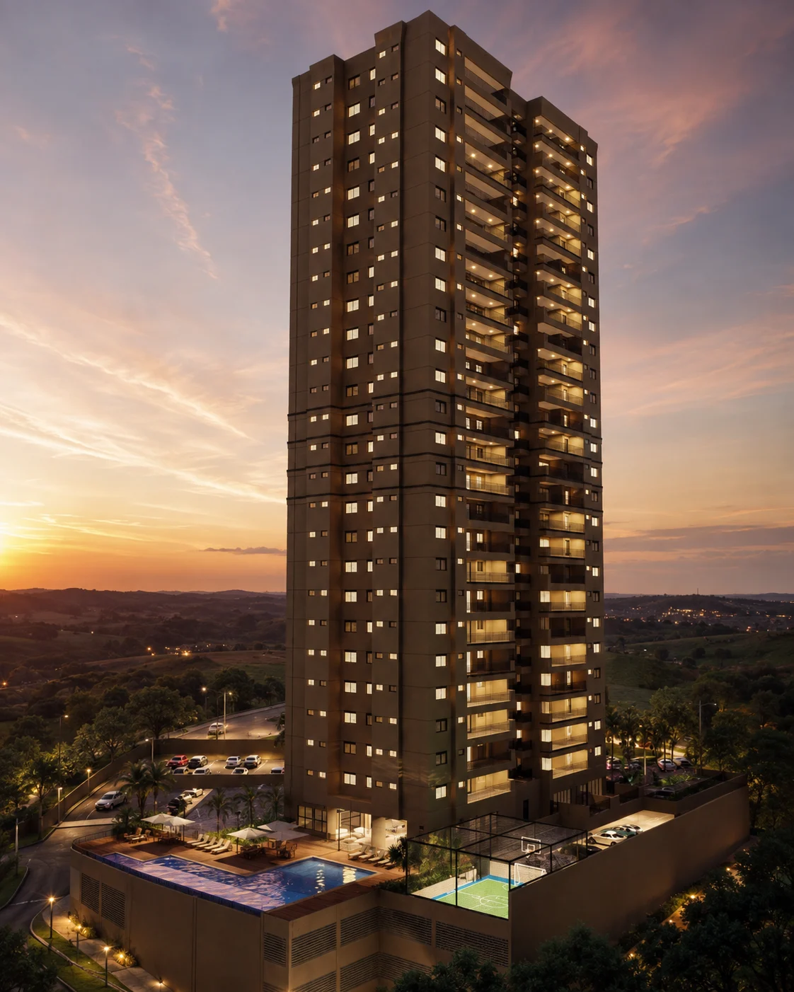 Torre residencial Maria Maria ao entardecer, em São Joaquim da Barra/SP